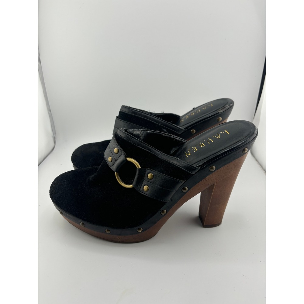 Lauren Ralph Lauren Black Suede Wooden Clogs Mules Heels Studded Gold Ring 7.5M